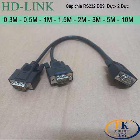Dây cáp chia COM DB9 RS232 Đực sang 2 cổng đực dài 0.3M, 0.5M, 1M, 1.5M, 2M, 3M, 5M, 10M – HD-Link DIY 28AWG cao cấp