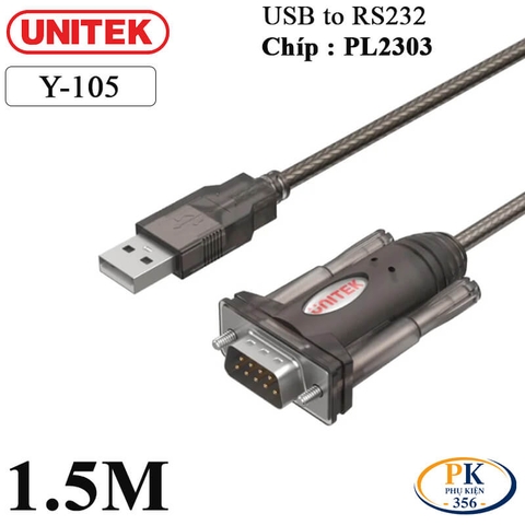 Cáp chuyển Serial USB sang RS232 cổng cái Unitek Y-105D chip PL2303 dài 1.5M