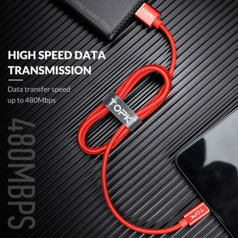 Cáp Sạc Nhanh TOPK SK0082 USB-A to Type-C 40W Dài 1M – Dây Bọc Vải, Đầu Mạ Vàng