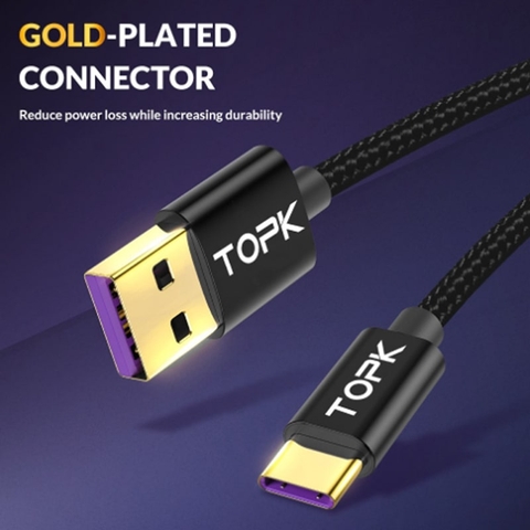 Cáp Sạc Nhanh TOPK SK0082 USB-A to Type-C 40W Dài 1M – Dây Bọc Vải, Đầu Mạ Vàng