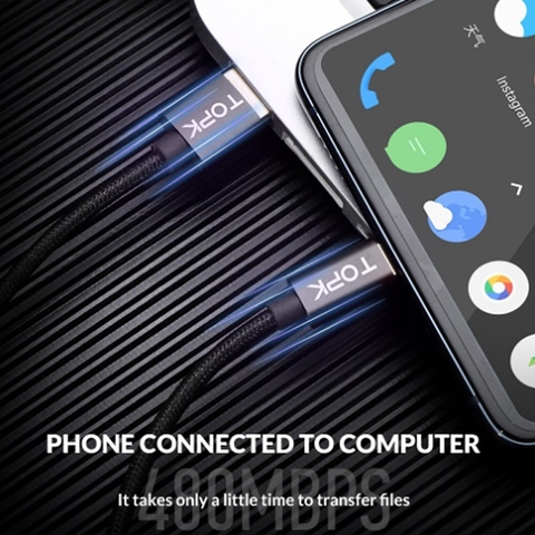 Cáp Sạc Nhanh TOPK SK0082 USB-A to Type-C 40W Dài 1M – Dây Bọc Vải, Đầu Mạ Vàng