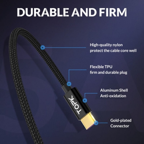Cáp Sạc Nhanh TOPK SK0082 USB-A to Type-C 40W Dài 1M – Dây Bọc Vải, Đầu Mạ Vàng