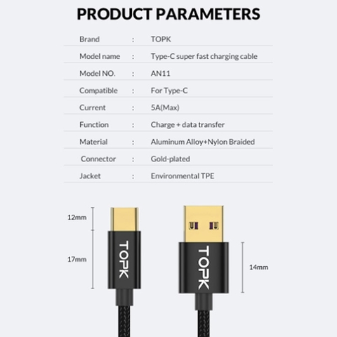 Cáp Sạc Nhanh TOPK SK0082 USB-A to Type-C 40W Dài 1M – Dây Bọc Vải, Đầu Mạ Vàng