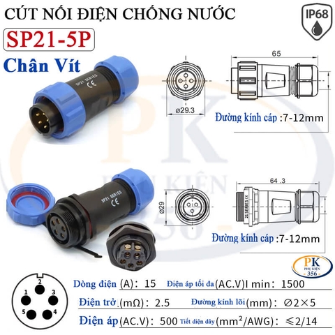 Đầu Nối Điện Chống Nước Âm Dương SP21 Chuẩn IP68 2 Đến 12 Lõi Bắt Vít Dùng Cho Dây 7 Đến 12mm