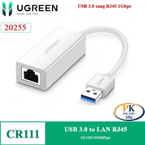 Cáp Chuyển USB 3.0 to LAN 1Gbps Ugreen 20256 CR111 Chipset AX88179 (Màu Đen) 20255 màu trắng