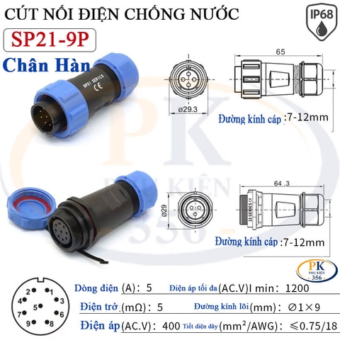 Đầu Nối Điện Chống Nước Âm Dương SP21 Chuẩn IP68 2 Đến 12 Lõi Bắt Vít Dùng Cho Dây 7 Đến 12mm