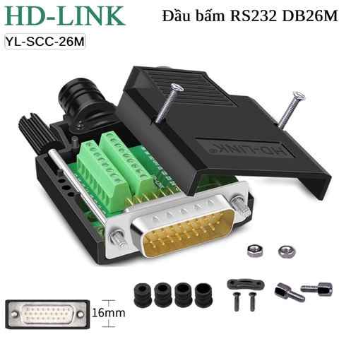 Đầu bấm DB26 đực chân đồng vỏ ốp kim loại HD-Link YL-JM002-26M