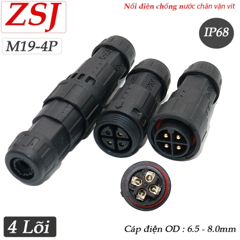 Đầu cút nối dây điện chống nước chuẩn IP68 chính hãng ZSJ M19 2 lõi, 3 lõi, 4 lõi, 5 lõi