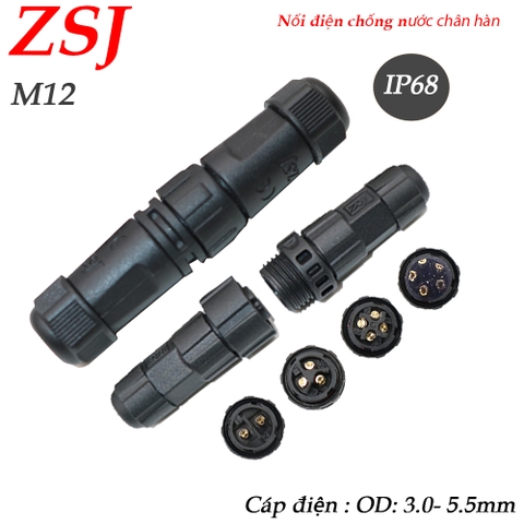 Đầu cút nối dây điện chống nước chân hàn chính hãng ZSJ -M12 2 lõi, 3 lõi, 4 lõi, 5 lõi
