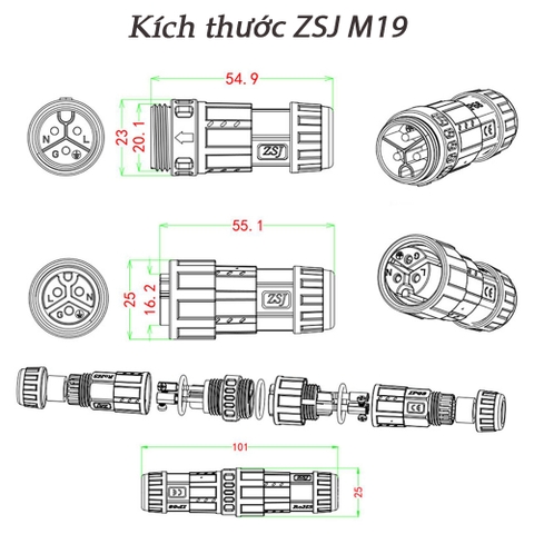 Đầu cút nối dây điện chống nước chuẩn IP68 chính hãng ZSJ M19 2 lõi, 3 lõi, 4 lõi, 5 lõi