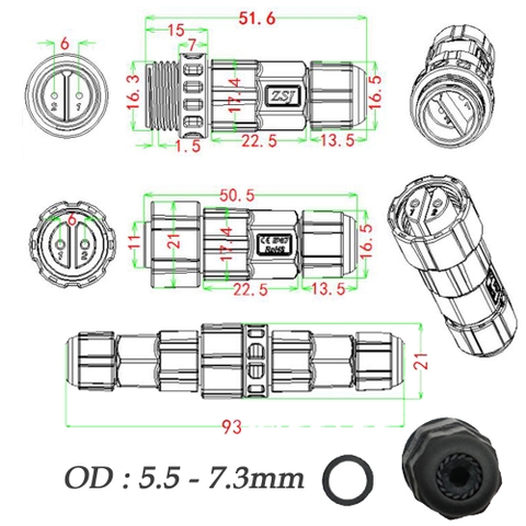 Đầu cút nối điện chống nước chuẩn IP68 chính hãng ZSJ - M16 2 lõi, 3 lõi, 4 lõi