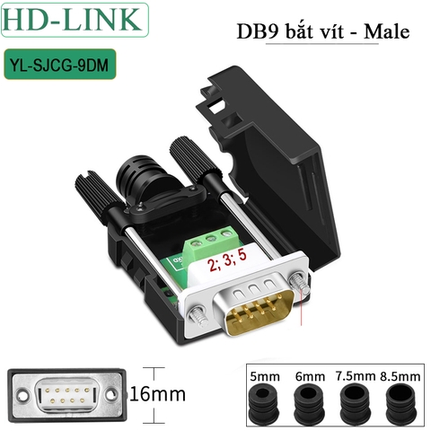 Đầu jack COM DB9 connecter 3 chấu chân bắt vit HD-Link YL-SJCG-9DM Male làm cáp RS232C