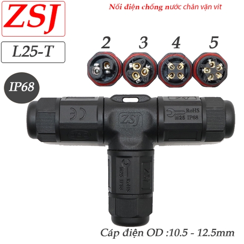 Đầu nối chia dây điện chống nước 1 ra 2 chữ T chuẩn Ip68 hãng ZSJ L25-T 2 lõi, 3 lõi, 4 lõi, 5 lõi