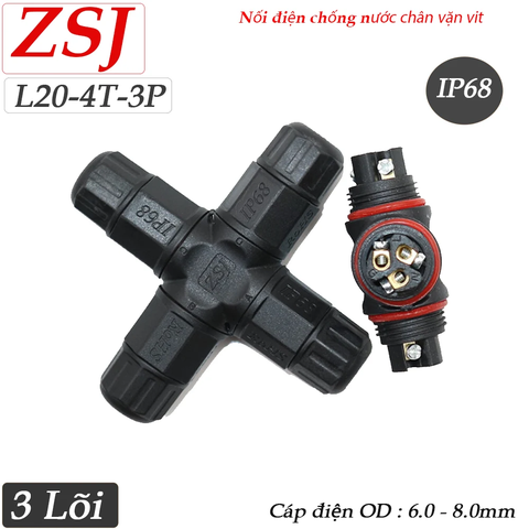 Đầu nối chia điện chống nước 3 lõi 4 ngả chuẩn IP68 ZSJ L20-4T-3P