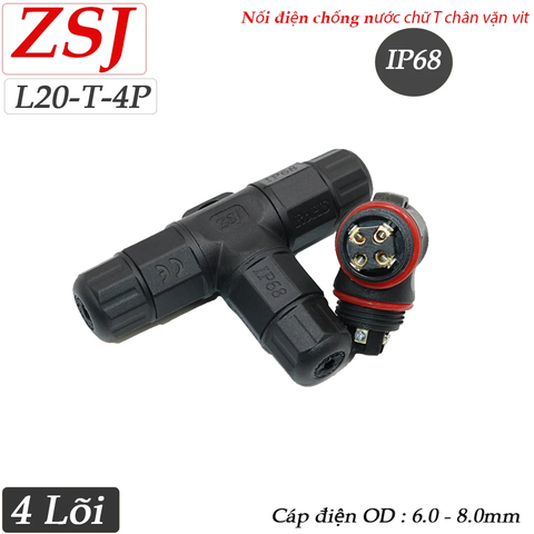Đầu nối dây điện chống nước chữ T 4 lõi chuẩn IP68 ZSJ L20-T-4P