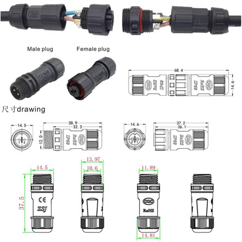 Đầu Cút Nối Dây Điện Chống Nước IP68 ZSJ M12 MF Đực Cái Thẳng Dùng Cho Dây 2–8 Lõi Chính Hãng