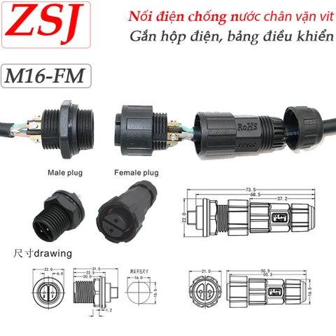 Đầu Cút Nối Dây Điện Chống Nước Lắp Bảng Điều Khiển IP67 Chính Hãng ZSJ M16-FP Dùng Cho Dây 2–4 Lõi