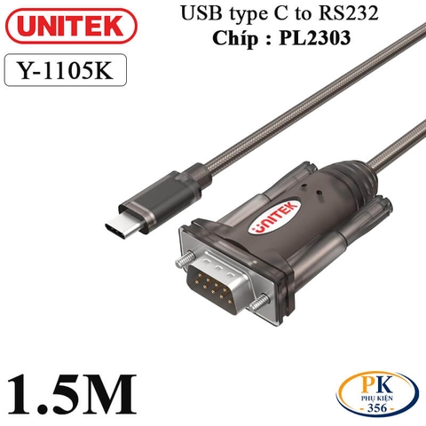 Cáp chuyển USB type C sang RS232 Serial Unitek Y-1105k chip PL2303 dài 1.5M