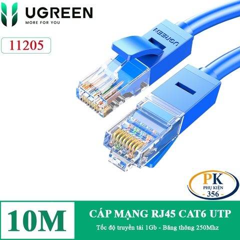 Dây cáp mạng RJ45 CAT6 1Gb 250Mhz Ugreen 11205 NW102 dây tròn màu xanh dài 10M