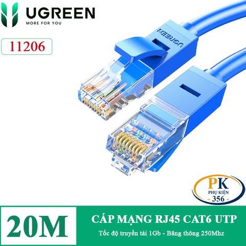 Dây cáp mạng RJ45 CAT6 1Gb 250Mhz Ugreen 11206 NW102 dây tròn màu xanh dài 20M