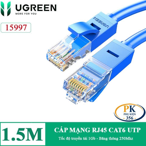 Dây cáp mạng RJ45 CAT6 1Gb 250Mhz Ugreen 15997 NW102 dây tròn màu xanh dài 1.5M