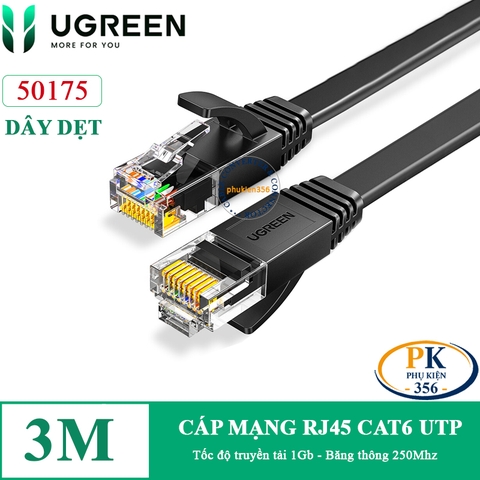 Dây cáp mạng RJ45 CAT6 1Gb 250Mhz Ugreen 50175 dây dẹt màu đen dài 3M
