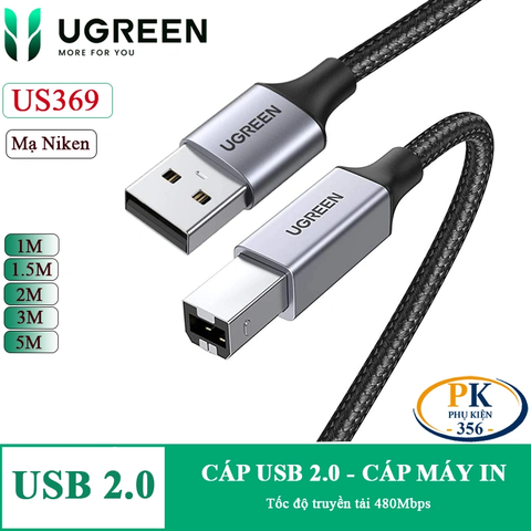 Dây cáp máy in USB 2.0 BM Ugreen US369 vỏ bọc kim loại giá rẻ chất lượng cao dài 1M, 1.5M, 2M, 3M, 5M