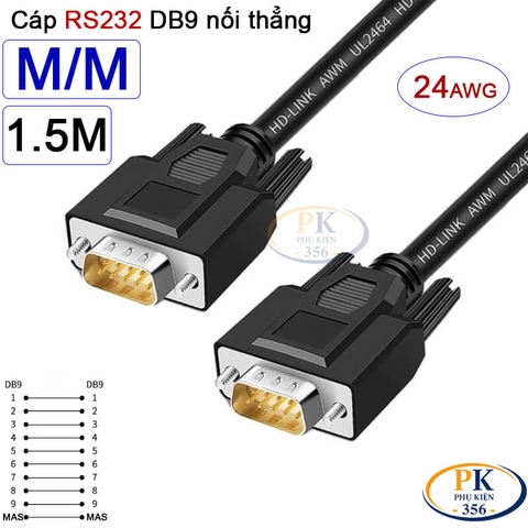 Dây cáp RS232 DB9 nối thẳng 2 đầu đực  male - male 24AWG vỏ PVC cao cấp dài 0.5M-40M