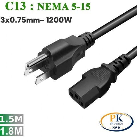 Dây nguồn C13 3 chấu chuẩn NEMA 5-15 lõi 3x0.75mm2 10A dài 1.5M 1.8M