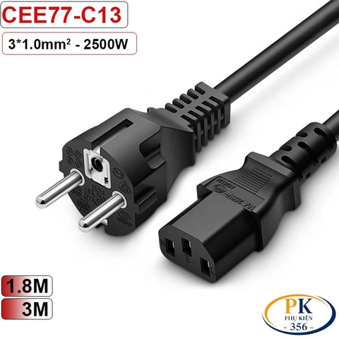 Cáp nguồn máy tính C13 EU CEE 7/7 Schuko lõi đồng 3x1.0mm² dài 1.8m – 3m | An toàn – Bền bỉ