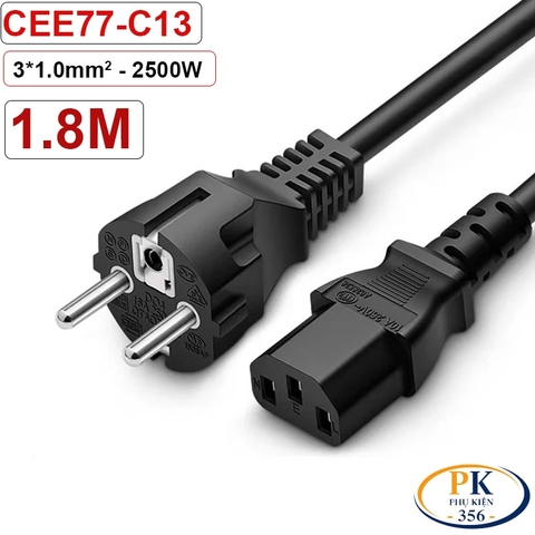 Cáp nguồn máy tính C13 EU CEE 7/7 Schuko lõi đồng 3x1.0mm² dài 1.8m – 3m | An toàn – Bền bỉ