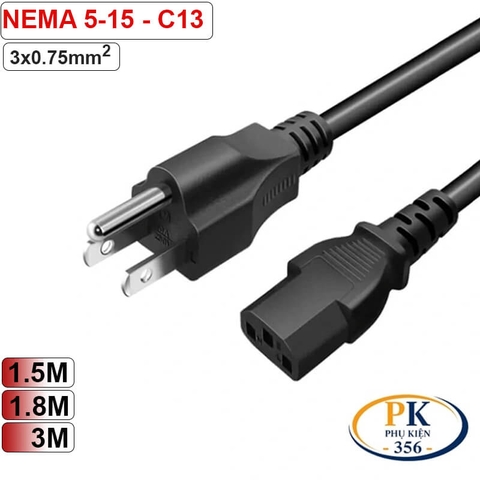 Dây nguồn C13 NEMA 5-15 chuẩn US 3 chấu lõi 3x0.75mm2 10A dài 1.5M 1.8M 3M