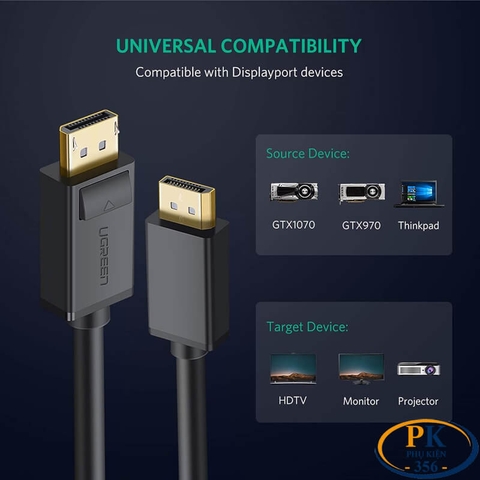 Dây cáp Displayport 1.2 4K@60Hz DP102 chính hãng Ugreen dài 1M 1.5M 2M 3M 5M 10244 10245 10211 10212 10213