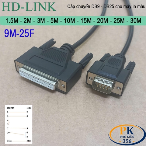 Cáp chuyển DB9 đực sang DB25 cái cho máy in màu PLC DB9M to DB25F dài 1M đến 30M