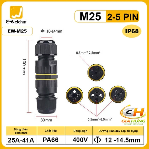 Đầu Cút Nối Dây Điện Chống Nước IP68 Eweichat EW-M25 Cho Dây 2–5 Lõi Ø10mm