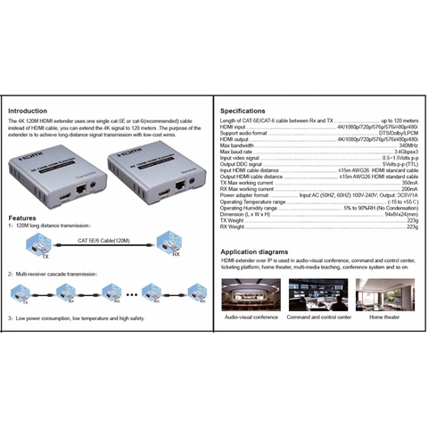 Bộ mở rộng HDMI 4K 120m qua cáp mạng Cat6, hỗ trợ nối tầng Cascade nhiều màn hình, 4K@30Hz, DTS Dolby, loop-out, vỏ nhôm tản nhiệt tốt.