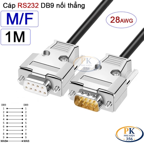 Dây cáp RS232 DB9 nối thẳng 2 đầu đực - cái male - female 28AWG vỏ thép cao cấp dài 0.5M-40M