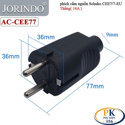 Phích Cắm Nguồn 2 Chân EU CEE 7/7 Schuko 250V-16A chính hãng JORINDO AC-CEE77 - Thẳng