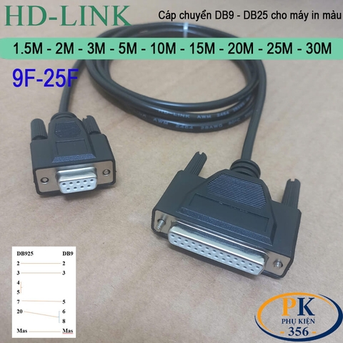 Cáp chuyển DB9 cái sang DB25 cái cho máy in màu, PLC DB9F to DB25F dài 1M đến 30M
