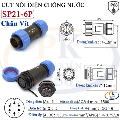 Đầu Nối Điện Chống Nước Âm Dương SP21 Chuẩn IP68 2 Đến 12 Lõi Bắt Vít Dùng Cho Dây 7 Đến 12mm