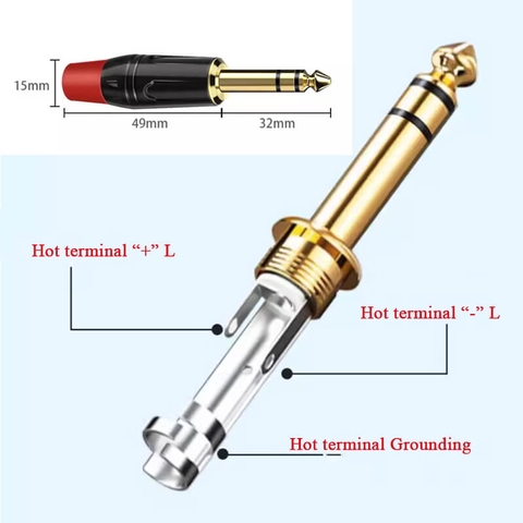 Đầu hàn jack 6.5mm stereo (6 ly) mạ vàng – Vỏ kim loại, dùng cho cáp 3–6mm - Thẳng