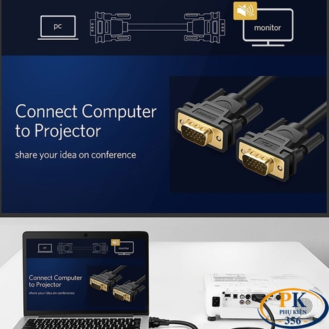 Dây cáp VGA 1.5M 3C+9 VG101 cao cấp dùng cho Máy tính, máy chiếu chính hãng Ugreen 11630