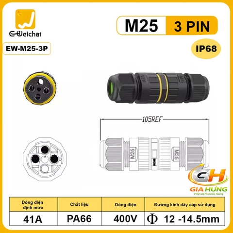 Đầu Cút Nối Dây Điện Chống Nước IP68 Eweichat EW-M25 Cho Dây 2–5 Lõi Ø10mm