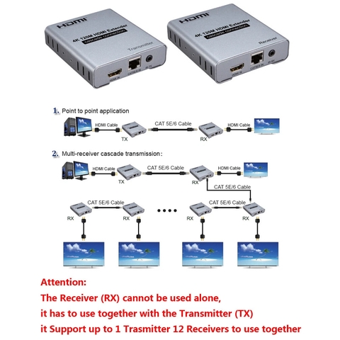 Bộ mở rộng HDMI 4K 120m qua cáp mạng Cat6, hỗ trợ nối tầng Cascade nhiều màn hình, 4K@30Hz, DTS Dolby, loop-out, vỏ nhôm tản nhiệt tốt.