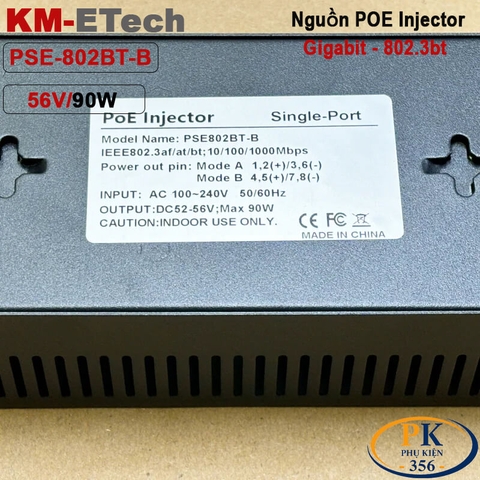 Bộ nguồn Adapter PoE+ Plus Injector 56V 90W Gigabit chuẩn IEEE802.3bt KM-Etech PSE802BT-B vỏ kim loại dùng cho camera PTZ