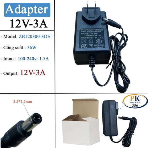 Adapter 12V-3A ZB120300-3DE ZB – 36W, Chân 5.5×2.5mm, Dây 1.5m