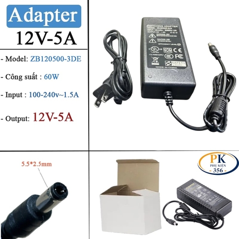 Nguồn DC 12V-5A ZB480200-3LS – Adapter 60W, Chân 5.5×2.5mm, Có Đèn LED