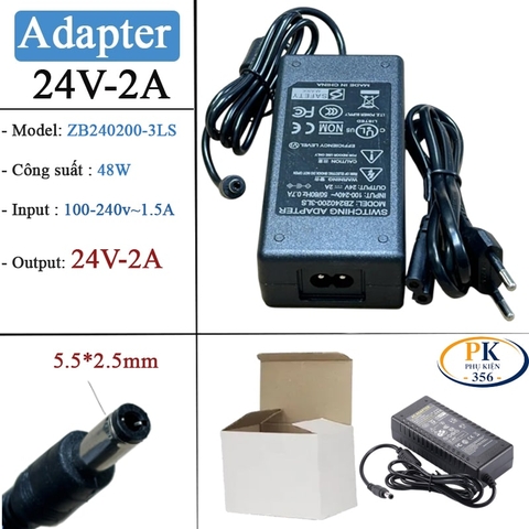 Nguồn DC 24V-2A ZB240200-3LS – Adapter Chân 5.5×2.5mm, 48W, Có LED Báo Nguồn