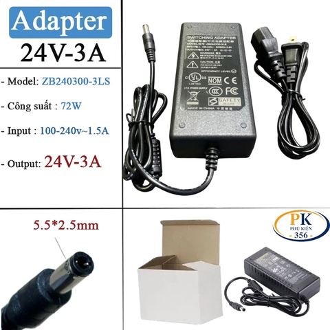 Nguồn DC 24V-3A ZB240300-3LS – Adapter Chân 5.5×2.5mm, 72W, Có Đèn Báo Nguồn