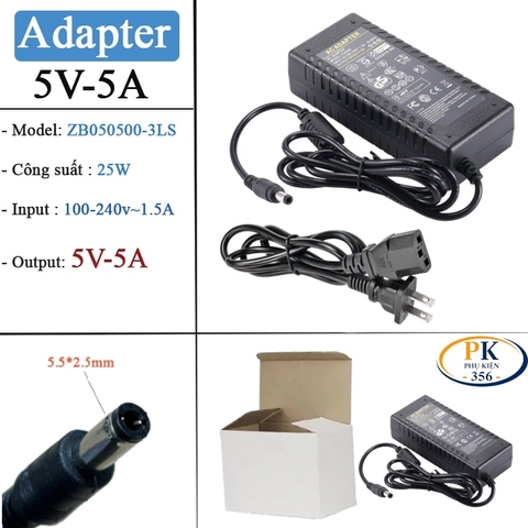 Nguồn DC Adapter 5V-5A ZB050500-3LS – Chân C13 – Đầu US – Có Đèn Báo – Cáp AC 1m, Cáp DC 1m | Nguồn DC Công Suất Cao Ổn Định, Bền Bỉ